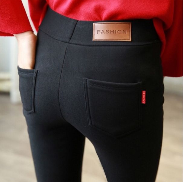 RenMou Fleece-Lined Black Pencil Pants Women, Slimming Elastic Skinny Leggings, Plus Size, Suitable For Outerwear_desvips.com