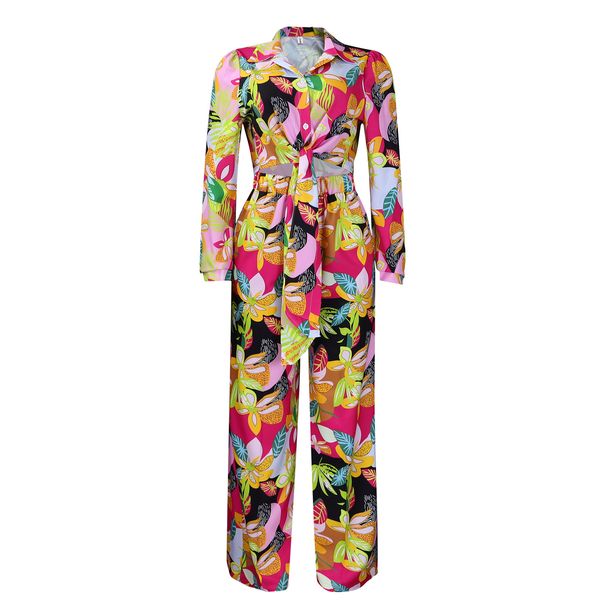 Women's Fashion Print Two-piece Suit Lapel Tie Shirt Wide Leg Pants Suit_desvips.com