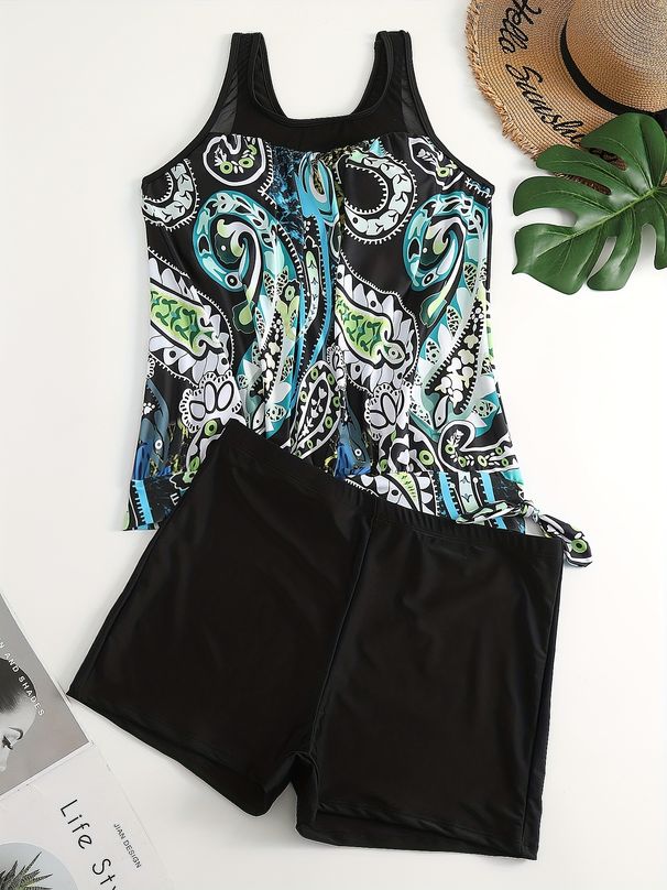 Women's Modest Tankini Swimsuit With Skirt - Floral Digital Print (High Neck UPF 50+ Tummy Control Quick Dry Beach & Pool)_desvips.com