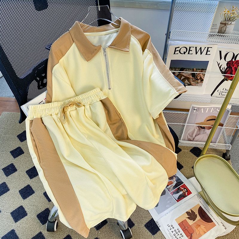 Men's Clothing Waffle sports suit summer men's clothing color matching lapel short sleeved T shirt set with handsome casual shorts_desvips.com