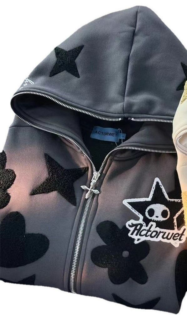 New Star Pattern Print Full Face Zipper Harajuku Zip-Up Hoodie Sweatshirt Jacket_desvips.com