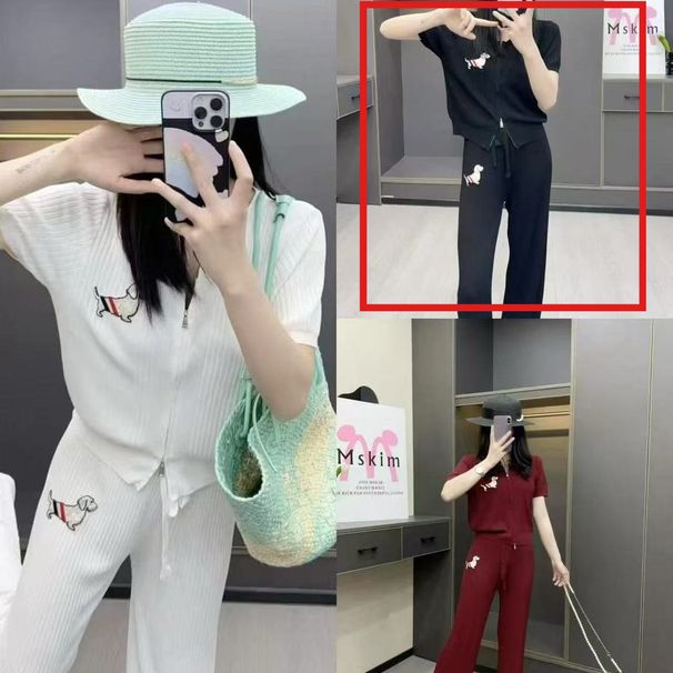 2025 Summer New Lady Style Simple Color-Block Puppy Zipper Knitted Cardigan And Long Pants Two-Piece Set Hot Item_desvips.com