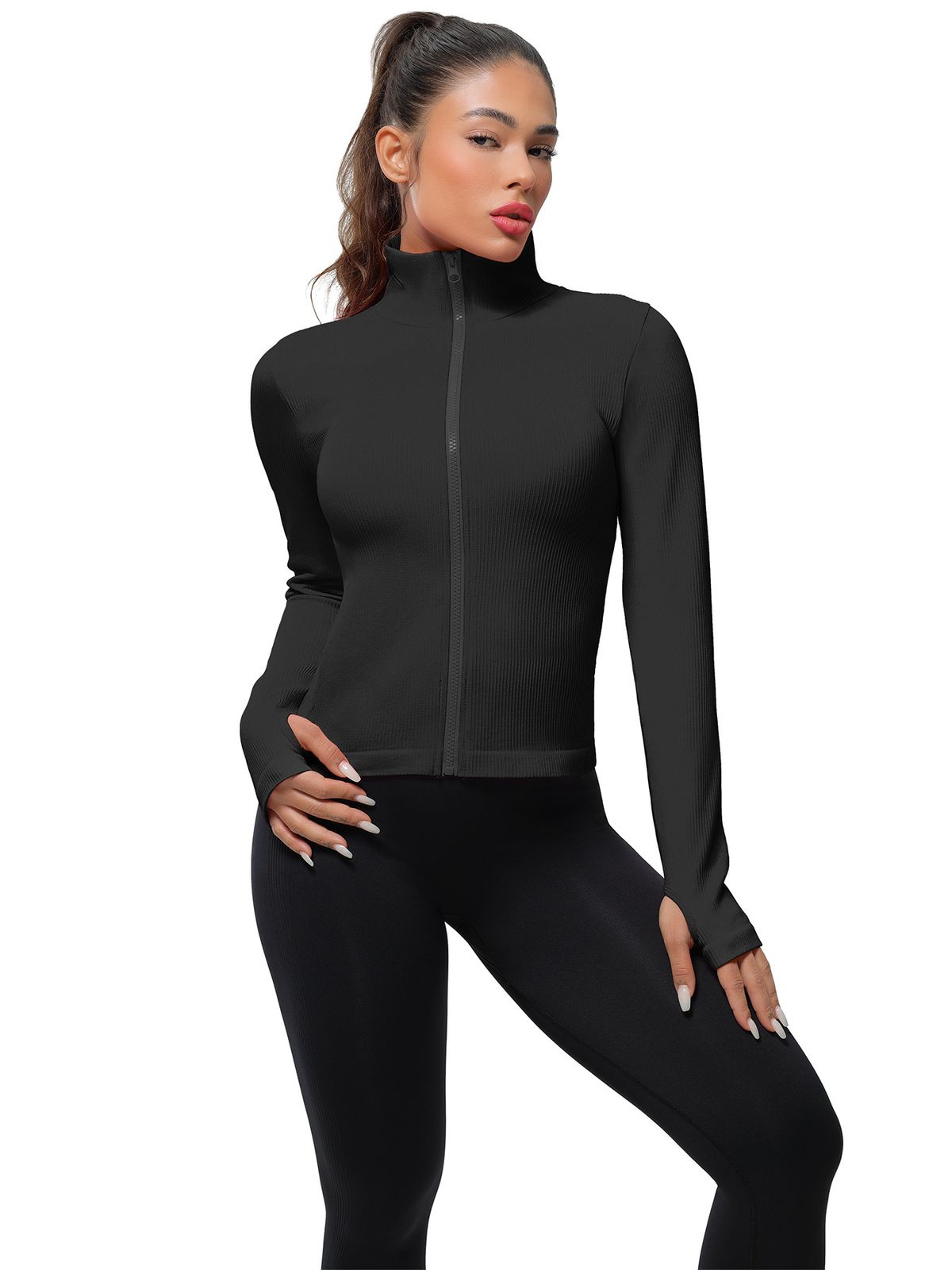001 Cross-Border European And American Style Ribbed Long Sleeve Stand Collar With Front Zipper, Finger Sleeve, Slim Fit,_desvips.com