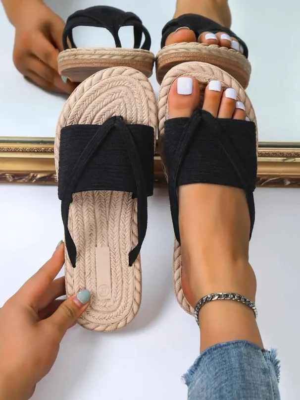 Vacation Apricot For Women, Minimalist Corduroy Toe Post Design Thong Sandals Senior Designer Summer Outdoor Casual_desvips.com