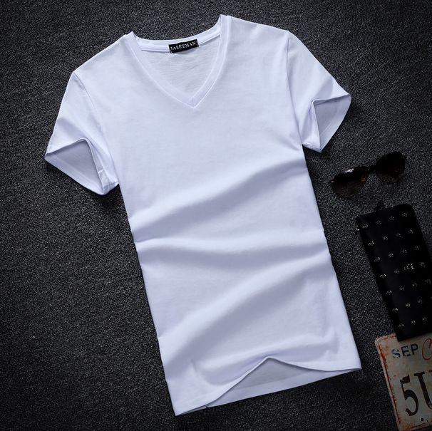 Summer Pure White Heart Neck Cotton Men's Solid Color Sports Casual V-Neck Short Sleeve T-Shirt Top Base Shirt_desvips.com