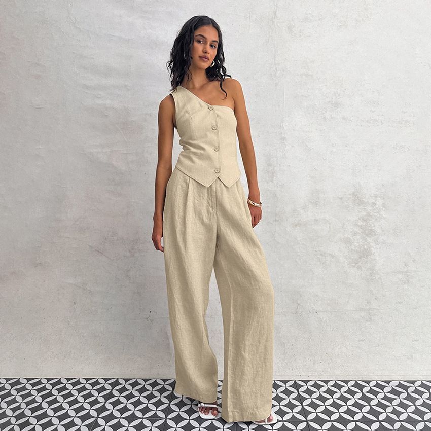 Women's Commuter Fashion Khaki Off-shoulder Cotton and Linen Vest Trousers Two-piece Set _desvips.com