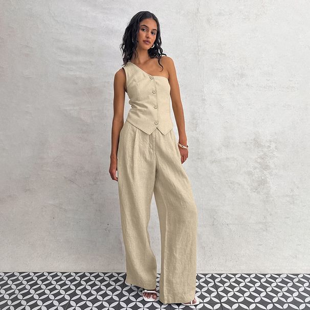 Women's Commuter Fashion Khaki Off-shoulder Cotton and Linen Vest Trousers Two-piece Set _desvips.com