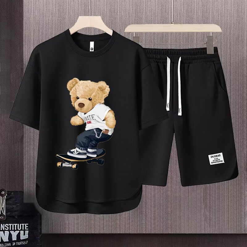 Men's Clothing 2024 Waffle Casual Summer Suit Men's Loose Teen Short sleeved T shirt Shorts Handsome Two piece Suit_desvips.com