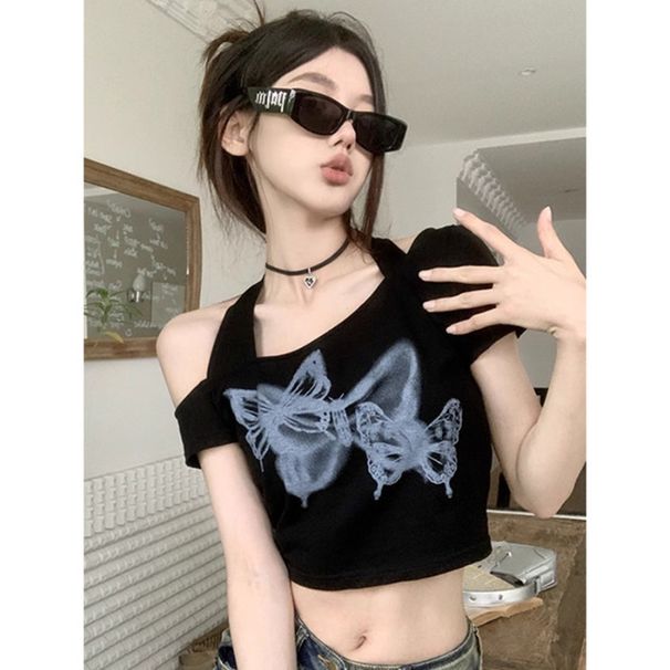 American Retro Style Off-shoulder Halter Neck Short-sleeve T-shirt Women, Summer Design, J Jazz Dance JAZZ Cropped Top_desvips.com