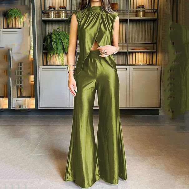Women's Clothing Summer New Fashion Two-piece Summer Slit Loose Flared Pants Set_desvips.com