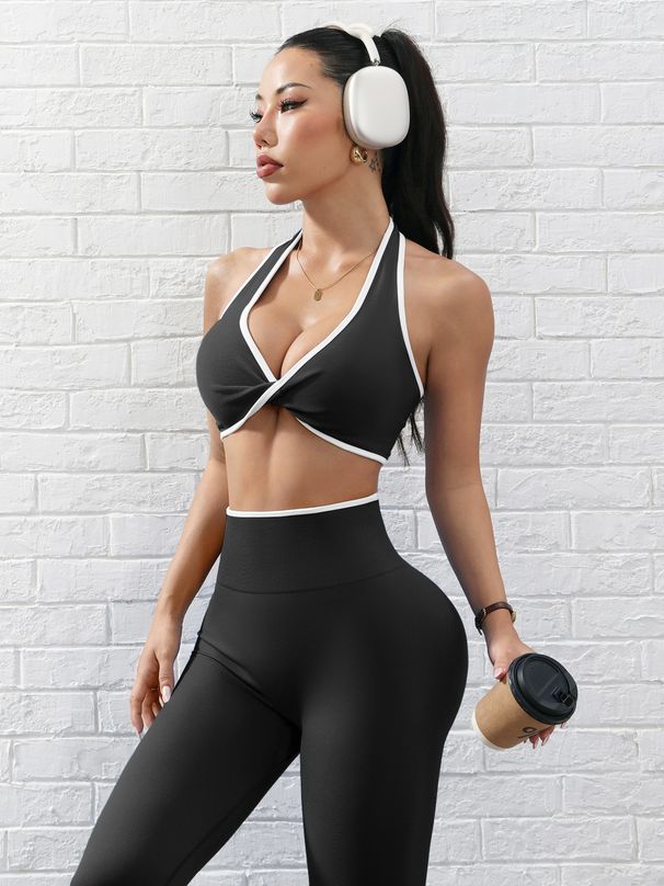 Women's Sports Bra Yoga Wear Set European And American Cross-Over Design Running Fitness Trousers Two-Piece Set_desvips.com