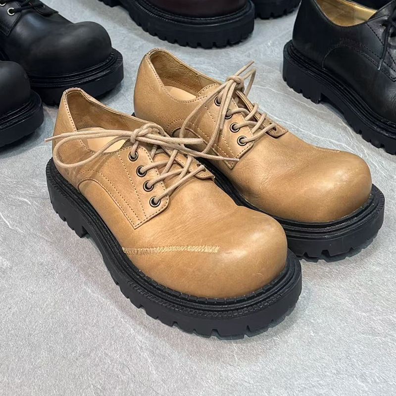 Stylish Comfortable Spring Autumn Leather Loafers Man Women Chunky Heel Business Round Toe Lace Up Vintage British Flair_desvips.com