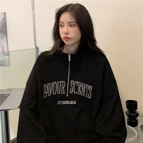 American Gray Polo Collar Hoodie For Women In Spring And Autumn, Thin Fit, Loose Oversized, Lazy Hong Kong Style Chic_desvips.com