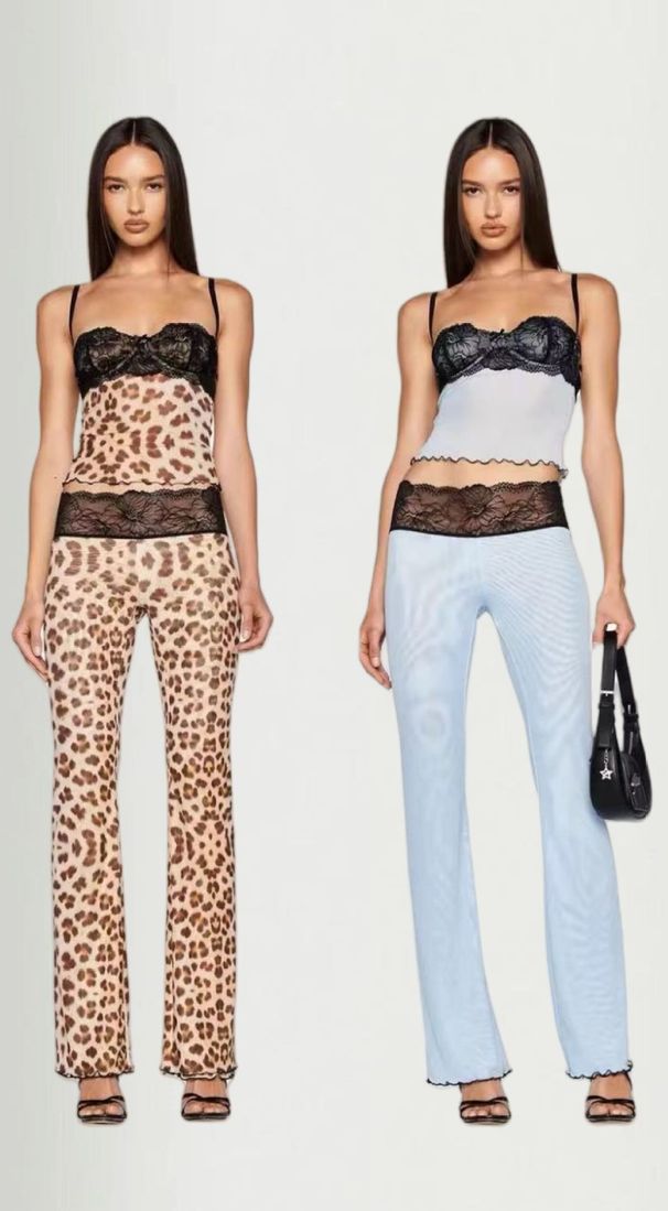 Women's Clothing Leopard print tops mesh see through lace tube top suspender trousers_desvips.com
