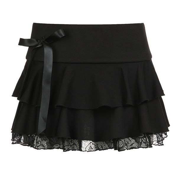 RenMou Instagram Dark Fashion Bow Lace Splice Solid Color Slimming Multi Layered Pleated Cake Skirt Short Style 2023 Exclusive Supply_desvips.com