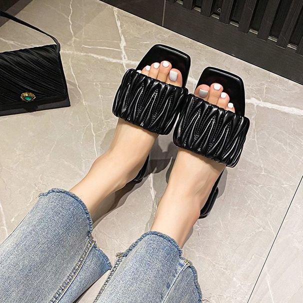 Sheii Su Yinyin MIU Style Pleated Square Toe Slip-On Sandals For Women Spring Outdoor Soft Sole Slippers Soccer Jerseys_desvips.com