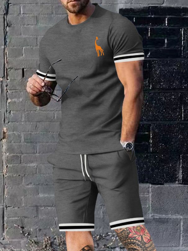 Cross-border European And American 2024 New Summer Men's T-shirt Round Neck Sports Casual Short-sleeve Shorts Two-piece_desvips.com