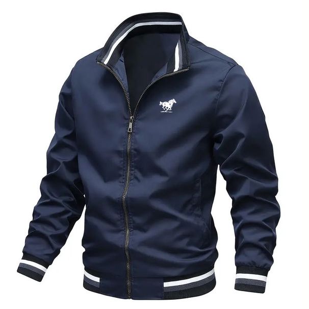 Men's Stylish Zip-up With Horse Logo & Striped Ribbed Collar/Cuffs, Lightweight Casual Outerwear For Men, Fashion Jacket_desvips.com