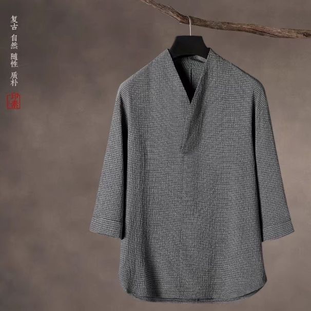 2024 New Thin Casual Sports Suit For Men, Summer Chinese Style High-End V-Neck Slim Fit Three-Quarter Sleeve Two-Piece_desvips.com