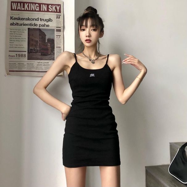 Solid Color Letter Print Camisole Women, Summer Versatile Sporty Slim-Fit Short Bodycon Dress For Trendy Girls_desvips.com