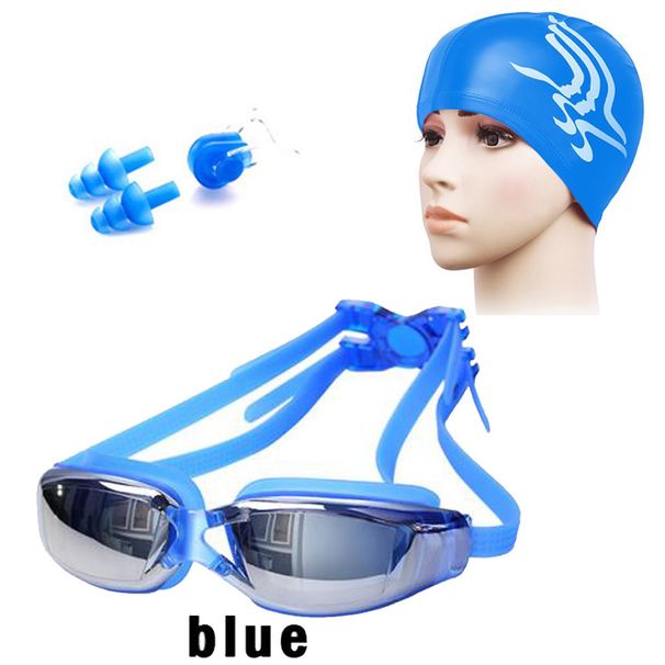 Fashion Anti-fog HD Swimming Goggles + Silicone Nose Clip Earplugs +PU Swimming Cap Combination_desvips.com