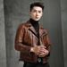 Slim Fit Oil Wax Sheepskin Motorcycle Men Genuine Short Haining Leather Jacket Coat Autumn_desvips.com