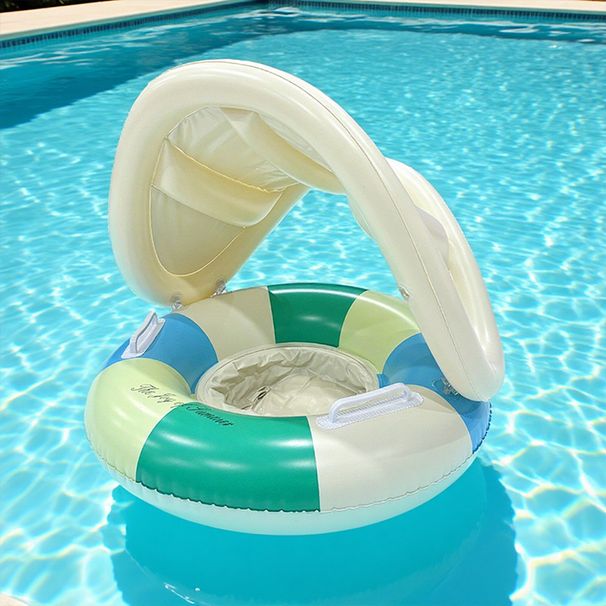 Kids Inflatable Swim Ring With Canopy & Handles - Thickened PVC For Ages 3-6 (Striped Design Sun Protection & Safety Pocket Outdoor Water Play)_desvips.com