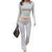 Foreign Trade Casual Workout Women's Round Neck Long Sleeve Low Waist Flared Pants Sportswear Wholesale Two-Piece Set_desvips.com