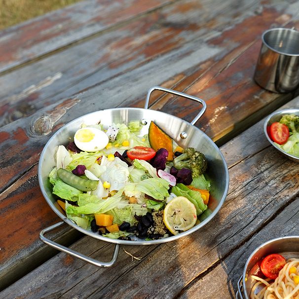 Camping Stainless Steel Skillet - Dual Handle Flat Bottom Pan For BBQ Hot Pot & Stovetop Cooking (Multi-Purpose Outdoor Cookware)_desvips.com