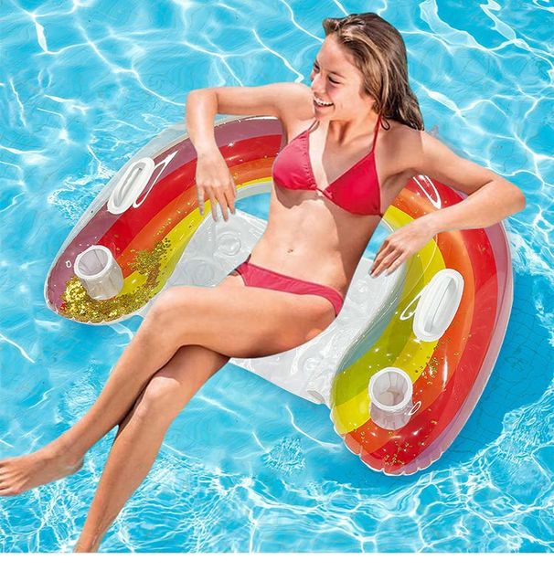 Ink Painting Double Swim Ring - Thickened PVC Floating Seat For Couples (Rainbow Glitter Design Non-Slip Surface Includes Air Pump & Repair Kit)_desvips.com