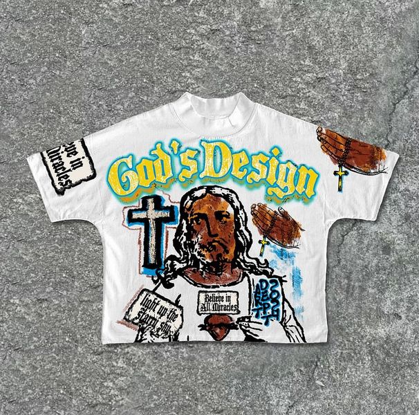 2025 Round Neck White 2109 Loose Fit Short Sleeve Graffiti Foreigner Cross DOOS DESIGN Top_desvips.com