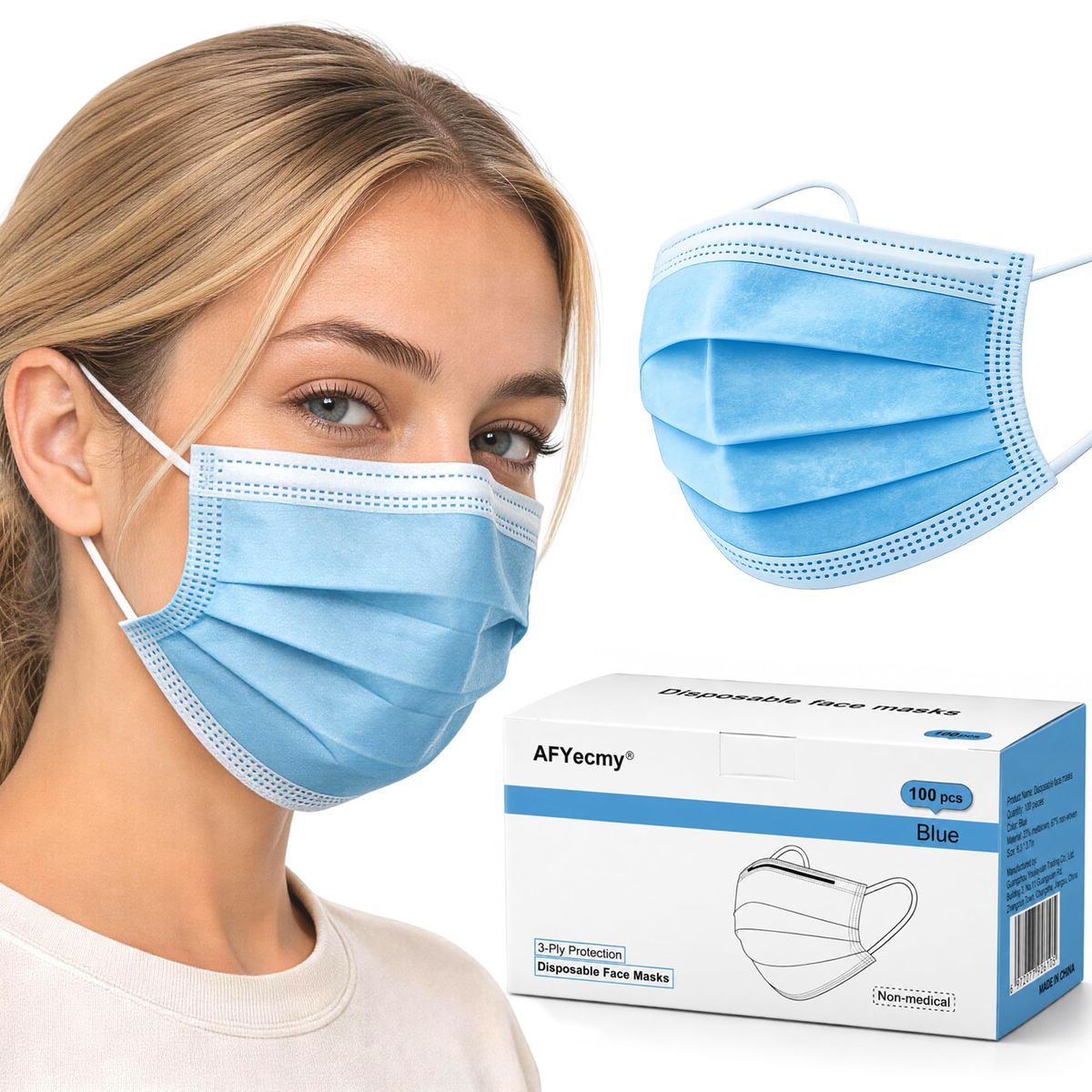 100 Pack Of Disposable 3-Ply Face Masks With Soft Earloops And Adjustable Nose Clip For Office, Travel, School, And Public Use, Blue_desvips.com