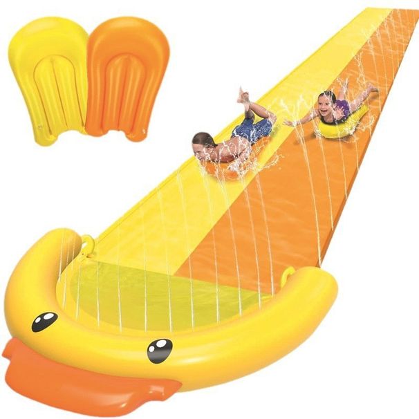 Little Yellow Duck Water Slide Children's Lawn Slide Water Play Game Double Slide Game Water Spray Slide_desvips.com