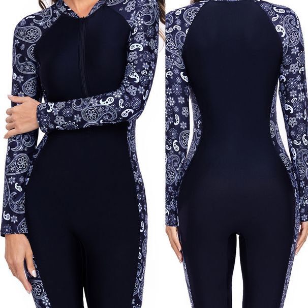 Surfing Suit Long Sleeve Shorts One Piece European And American Sexy Bodycon Conservative Ladies Printed Solid Color Swimsuit Swimwear_desvips.com