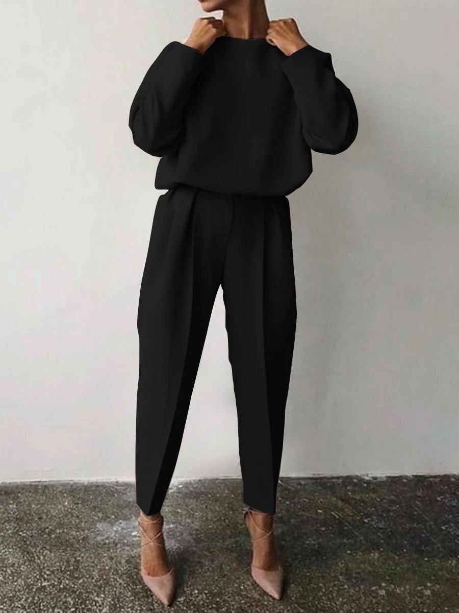 Women's loose solid color long-sleeved casual two-piece set_desvips.com