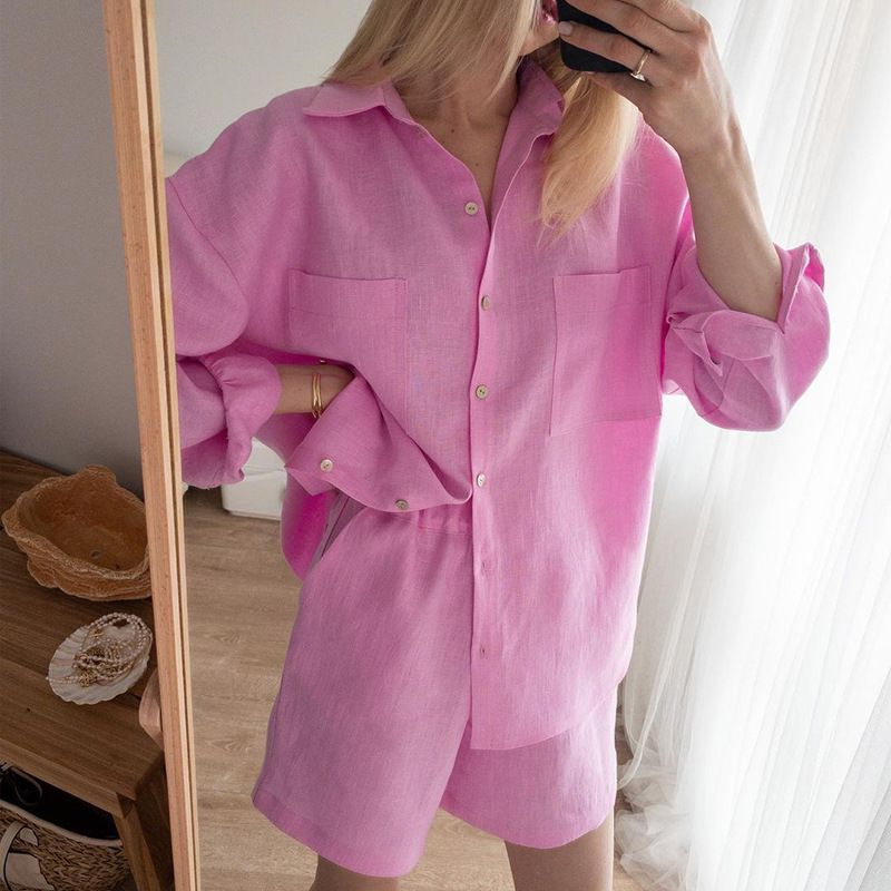 Women's Clothing Versatile Shirt Elastic Waist Shorts Cotton Linen Two Piece Set_desvips.com