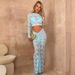 Women's perspective round neck high waist long sleeve waist hip skirt two-piece lace skirt_desvips.com