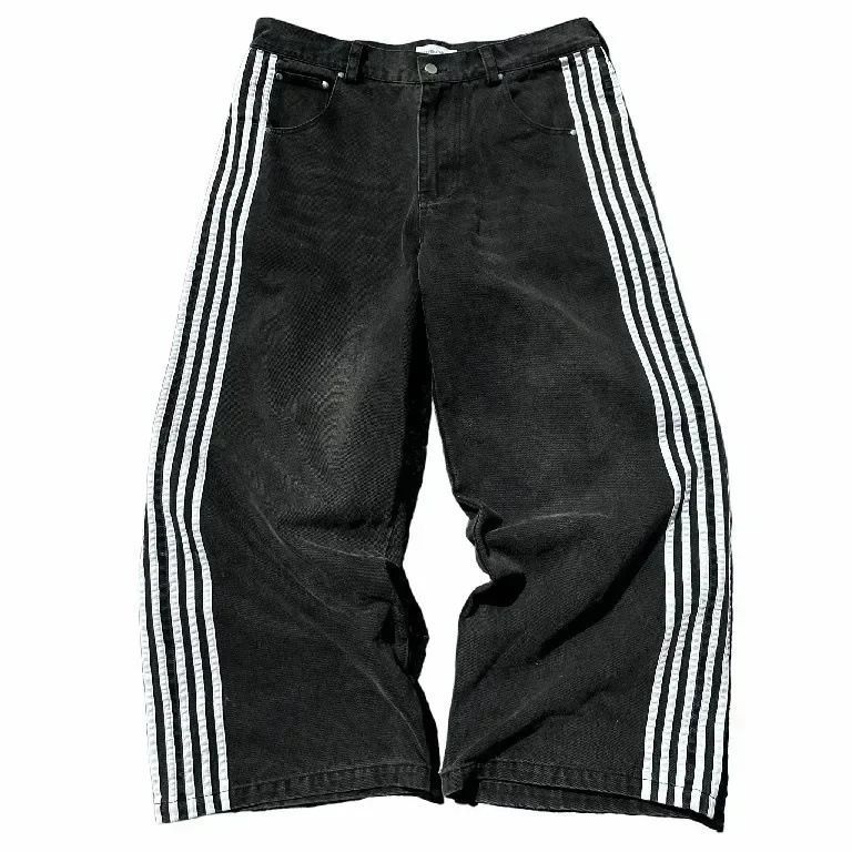 American Style Personality Street Jeans Striped Design Straight Wide-Leg Loose Casual Pants_desvips.com