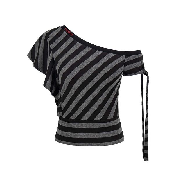 UNBDNS 2026SS Vintage Loose Black And Gray Striped Asymmetrical Neck Off-Shoulder Sleeve T-Shirt For Women, Summer_desvips.com