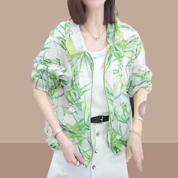 2025 Summer New Arrival Fancy Bamboo Print Hooded Thin Coat Casual Zipper Loose Sunscreen Clothes Women_desvips.com