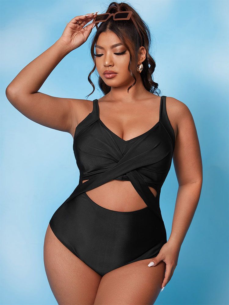 Large Size Solid Color Swimsuit Women's Conservative High Waist Tight One-piece Bikini Swimsuit_desvips.com