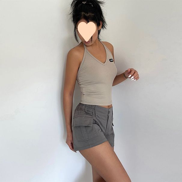 RenMou American Style Washed Minimalist Design With Elastic Waistband Pocket, Workwear Shorts, Women's Versatile Sports And Exclusive Supply_desvips.com