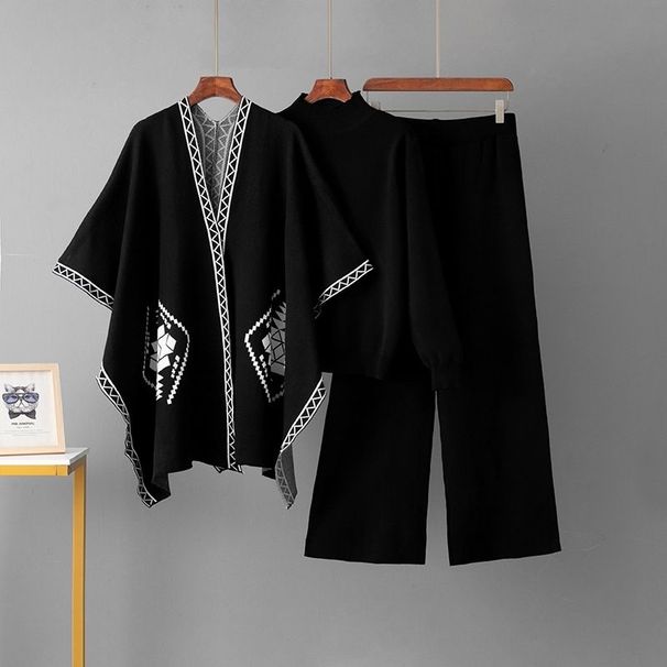 Cross-Border Foreign Trade Loose Lazy Mid-Neck Pullover Knitwear With Shawl Cape Coat + Wide-Leg Pants Three-Piece Set_desvips.com