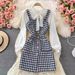 Women's temperament bow tie shirt two-piece suit tweed plaid suspender dress_desvips.com