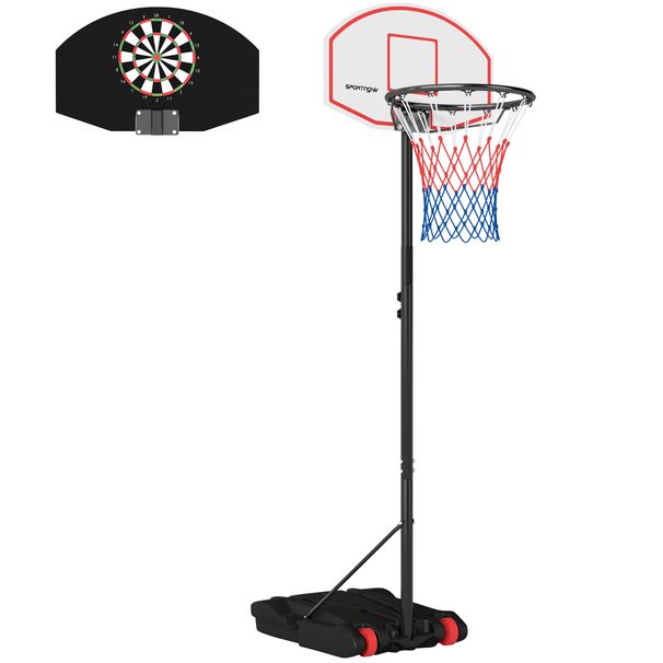 Canasta De Baloncesto Con Tablero De Dardos Altura Ajustable Base Rellenable Y Ruedas 74x55x210-247 Cm_desvips.com