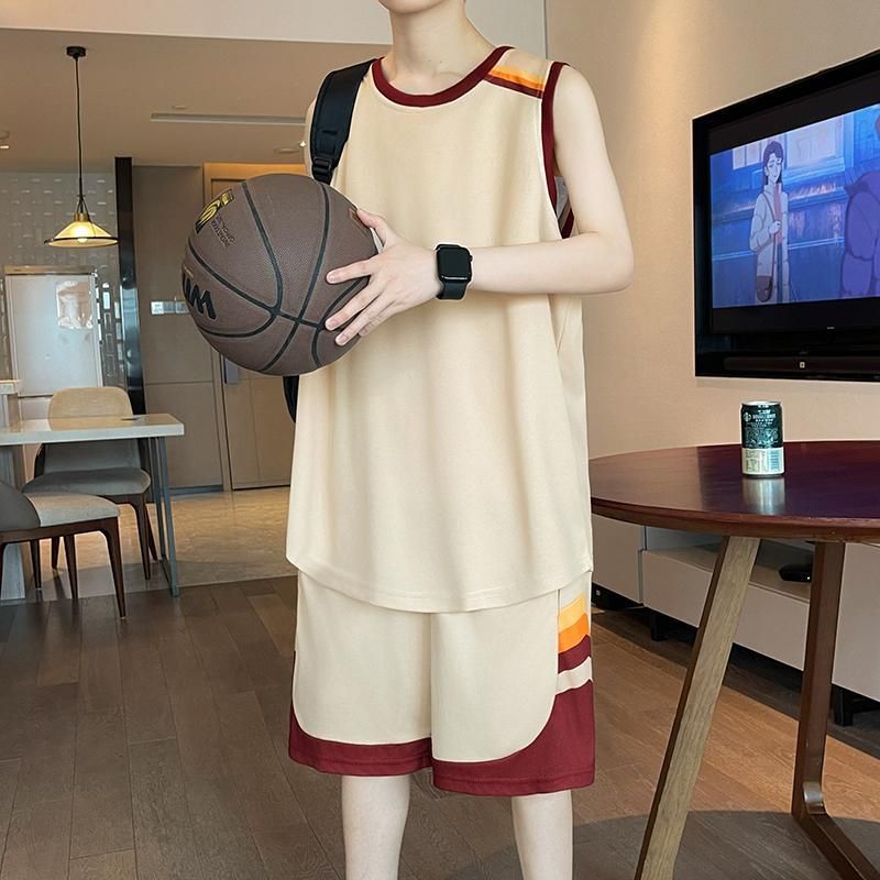 Summer Ice Silk Sleeveless Vest Sports Suit For Men, Outfit, Fashionable Casual Fitness Two-piece Basketball Set_desvips.com