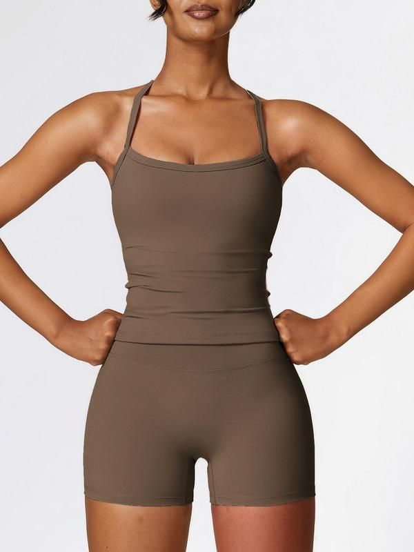 VoleFox Two Pieces Women's Solid Backless Tracksuit Set, Spaghetti Strap Cami Top & High Waist Skinny Shorts, Ladies Sportswear, Summer Outfits 2024_desvips.com