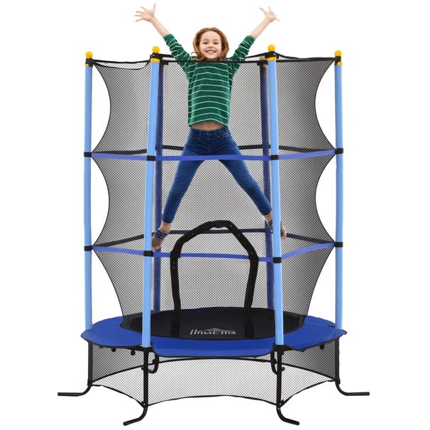 Trampolín Para Niños De +3 Años Ø163 Cm Con Red De Seguridad Y Marco De Acero Carga 50 Kg Para Interior Y Exterior Azul_desvips.com