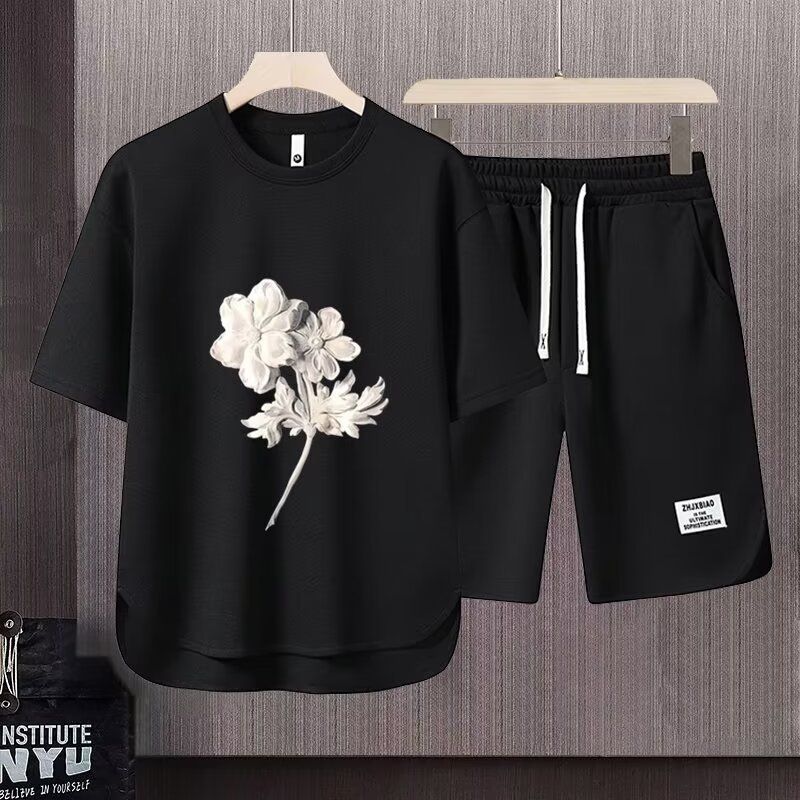Men's Clothing 2024 Waffle Casual Summer Suit Men's Loose Teen Short sleeved T shirt Shorts Handsome Two piece Suit_desvips.com