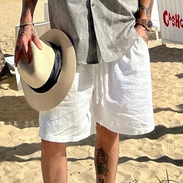 Old Money Style Men's Imitation Linen White Shorts, Summer Thin Vacation Pants, Relaxed And Lazy Beach Pants_desvips.com